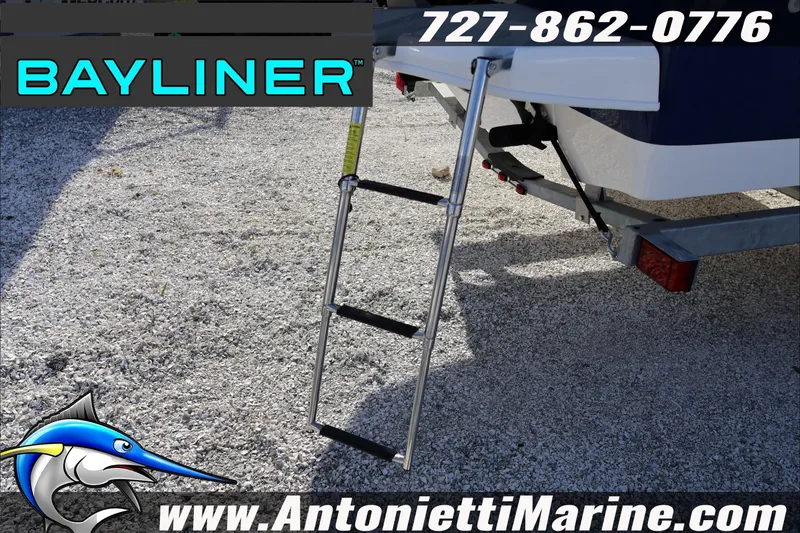Slide: The Image of Bayliner Element E18 2025 boat with ladder, Antonietti Marine contact details. - 6