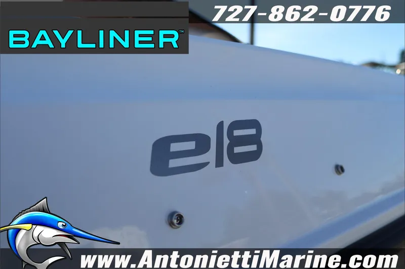 Slide: The Image of 2025 Bayliner Element E18 boat with logo and contact details for Antonietti Marine. - 7