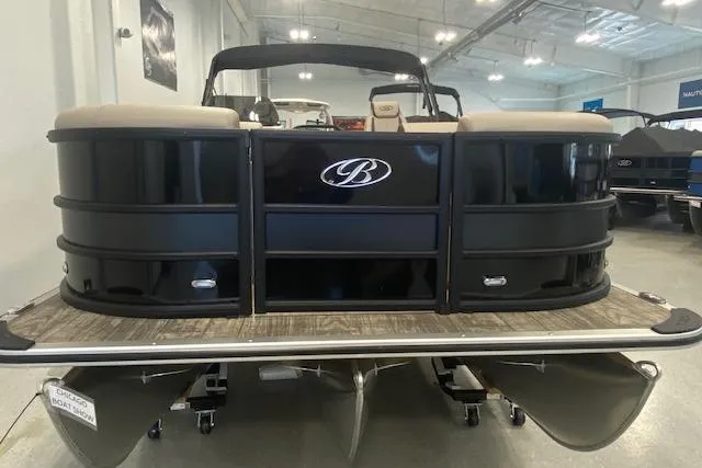 Slide: The Image of 2026 Bentley Pontoons Legacy 223 Navigator in showroom, black exterior, luxury design. - 4