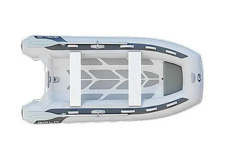 The Image of Inflatable boat Gala A330HD 2026 model, upright in storage, with wooden floorboards. - 0