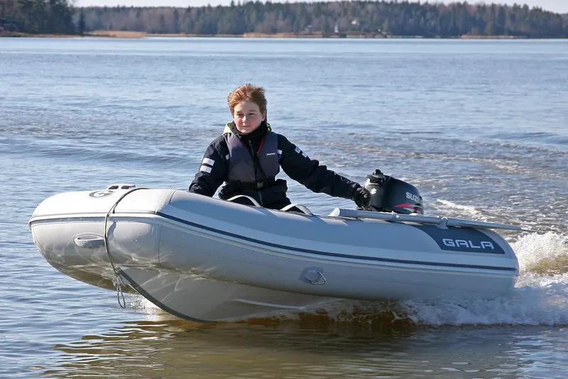 Slide: The Image of 2026 Gala A330HD inflatable boat on trailer with Yamaha motor. - 3