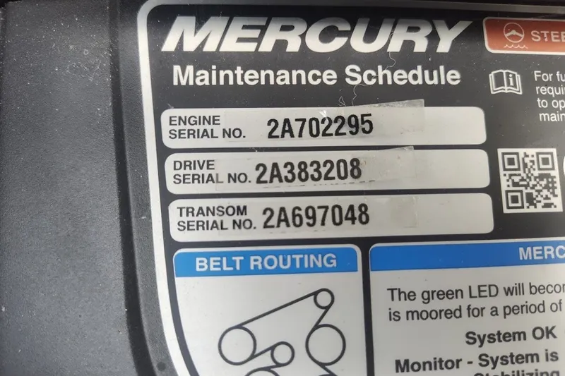 Slide: The Image of Mercury maintenance schedule label with serial numbers for Crownline 280 SS, 2022 model. - 31