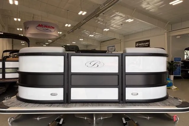 Slide: The Image of 2026 Bentley Pontoons Legacy 223 Swingback displayed indoors, showcasing sleek design and modern features. - 16