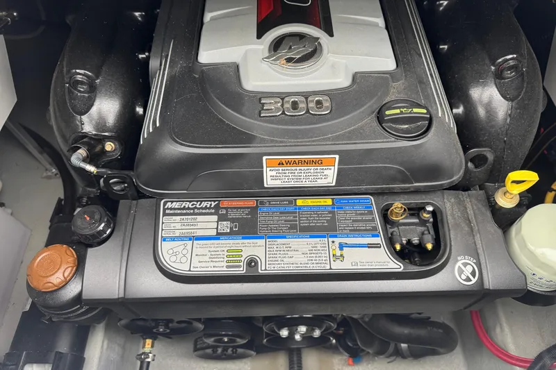 Slide: The Image of Engine of 2022 Crownline 255 SS boat, featuring Mercury components and maintenance instructions. - 20