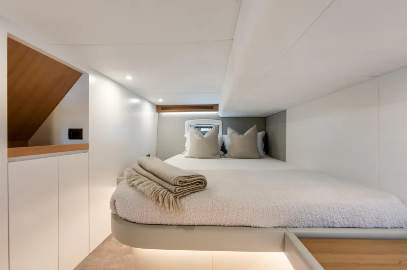 Slide: The Image of Luxurious cabin interior of 2021 Alen 55 yacht with cozy bedding and modern design. - 27
