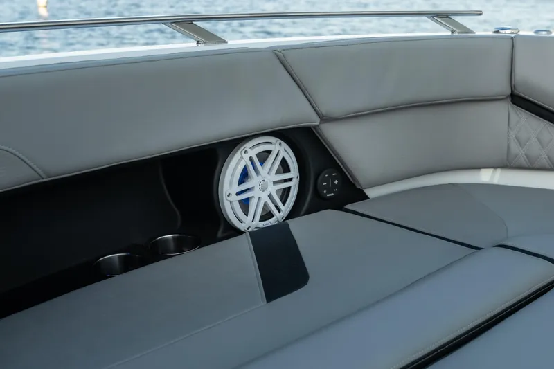 Slide: The Image of Luxury seating and speaker system on 2026 Monterey Elite 30 OB boat. - 26