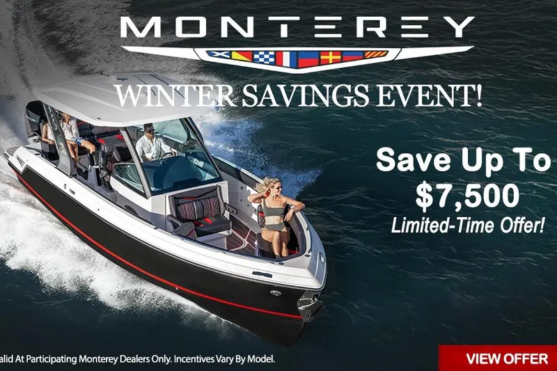 Slide: The Image of 2026 Monterey Elite 30 OB boat in winter savings event, offering up to $7,500 discount. - 45
