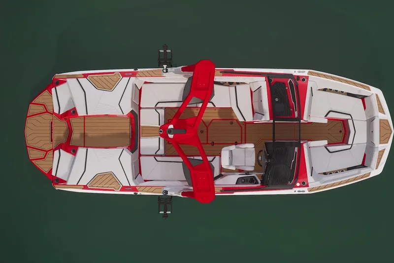 Slide: The Image of 2026 Nautique Super Air Nautique G23 boat, top view, red and white design, spacious seating. - 16