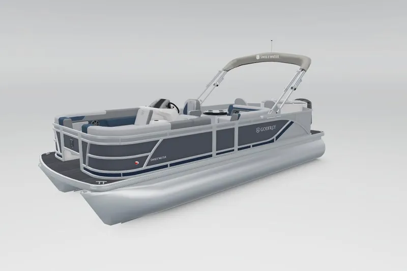 Slide: The Image of 2026 Godfrey Sweetwater 2286 FS pontoon boat, sleek design, gray and blue color scheme. - 28
