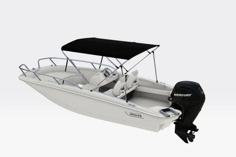 Slide: The Image of 2026 Boston Whaler 160 Super Sport boat with black canopy and Mercury outboard motor. - 4