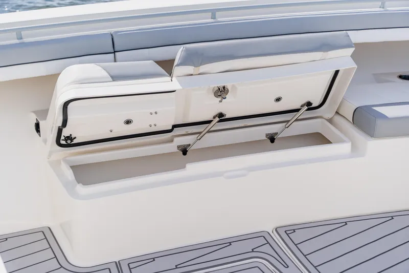 Slide: The Image of 2018 Regulator 41 boat storage compartment with open lid and hydraulic supports. - 122
