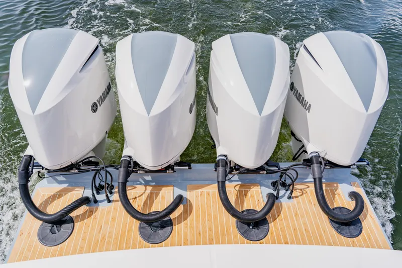 Slide: The Image of Four Yamaha outboard engines on a 2018 Regulator 41 boat, viewed from above. - 27