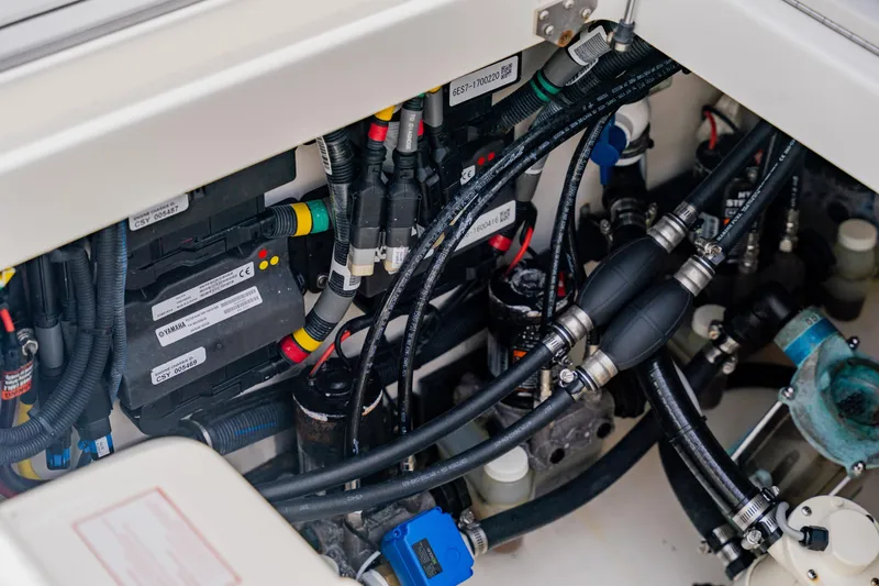 Slide: The Image of Engine compartment of 2018 Regulator 41 boat with Yamaha components and wiring. - 43