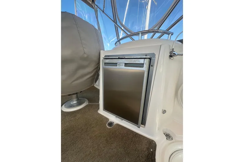 Slide: The Image of 2010 Meridian 391 Sedan interior with built-in stainless steel refrigerator. - 26