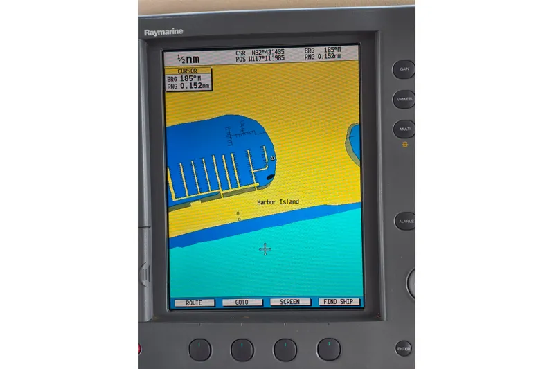 Slide: The Image of Close-up of a 2005 Meridian 580 Pilothouse marine navigation display screen. - 24