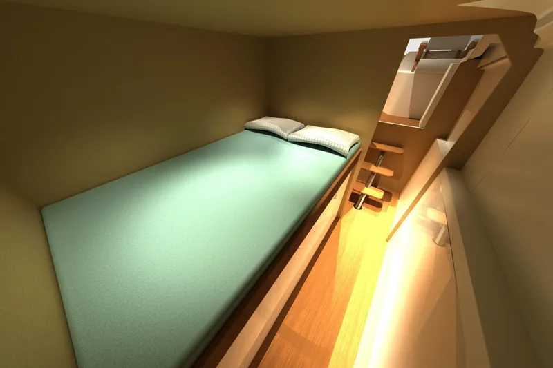 Slide: The Image of Cozy cabin interior of 2026 Front Runner 55 Catamaran with a comfortable bed and wooden steps. - 12