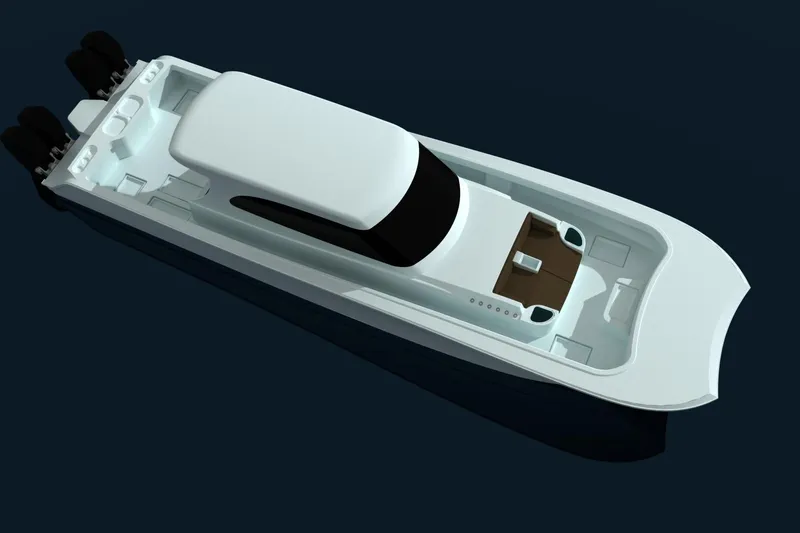 Slide: The Image of 2026 Front Runner 55 Catamaran, aerial view, sleek design, white exterior, modern layout. - 2