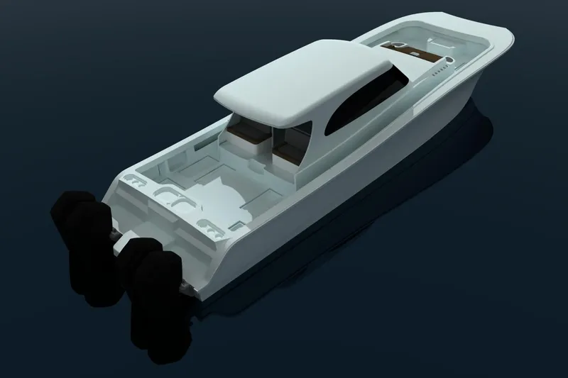 Slide: The Image of 2026 Front Runner 55 Catamaran on water, showcasing sleek design and powerful engines. - 3