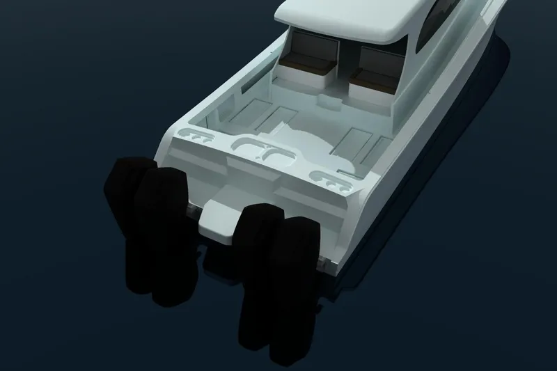 Slide: The Image of 2026 Front Runner 55 Catamaran with dual engines on calm water. - 4