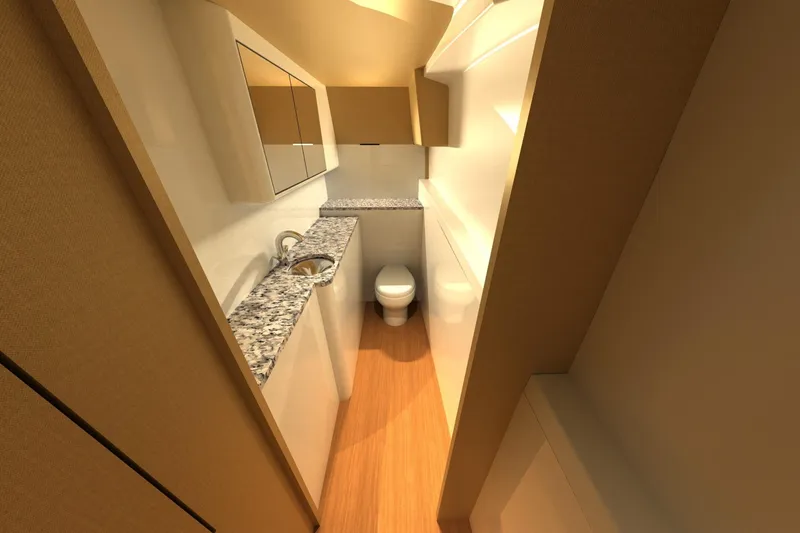 Slide: The Image of Modern bathroom interior on 2026 Front Runner 55 Catamaran, featuring sleek design and granite countertop. - 8