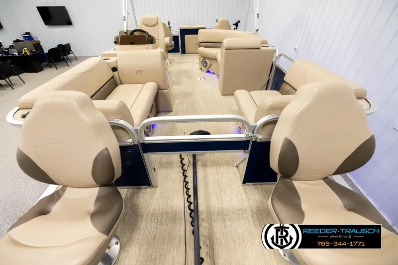 Slide: The Image of Interior of 2020 Avalon VEN FNC boat with beige seating and modern design. - 13