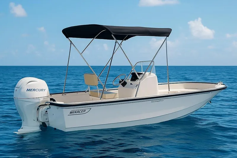 The Image of 2026 Boston Whaler 190 Montauk boat with Mercury engine on open sea. - 1