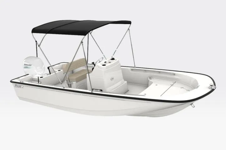 Slide: The Image of 2026 Boston Whaler 190 Montauk boat with canopy, white hull, and Mercury engine. - 3