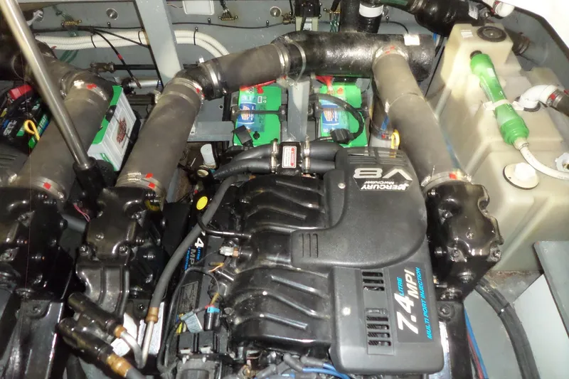 Slide: The Image of Engine room of 2000 Sea Ray 340 Sundancer with Mercury V8 engine and batteries. - 58