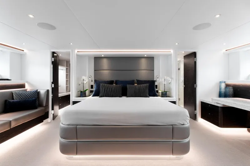 Slide: The Image of Luxurious 2019 Crescent Semi-Displacement yacht bedroom with modern design and elegant furnishings. - 8