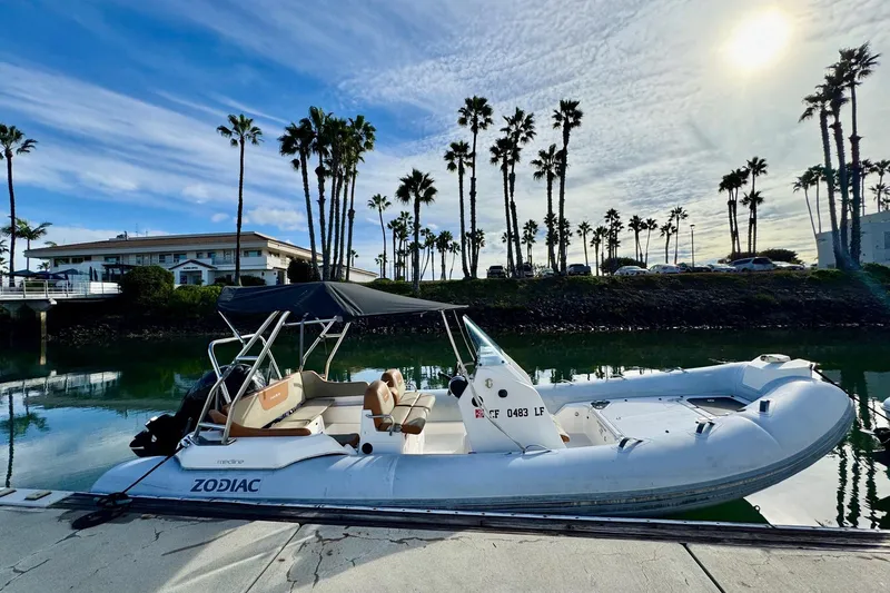 Slide: The Image of 2022 Zodiac Medline 6.8 boat docked by palm trees under a sunny sky. - 0