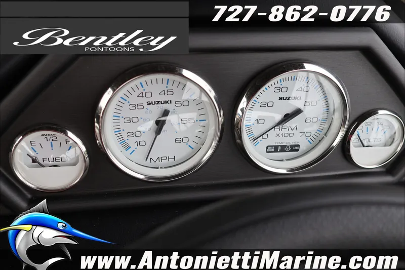 Slide: The Image of Dashboard of 2026 Bentley Pontoons Legacy 223 DL Navigator with Suzuki gauges. - 12