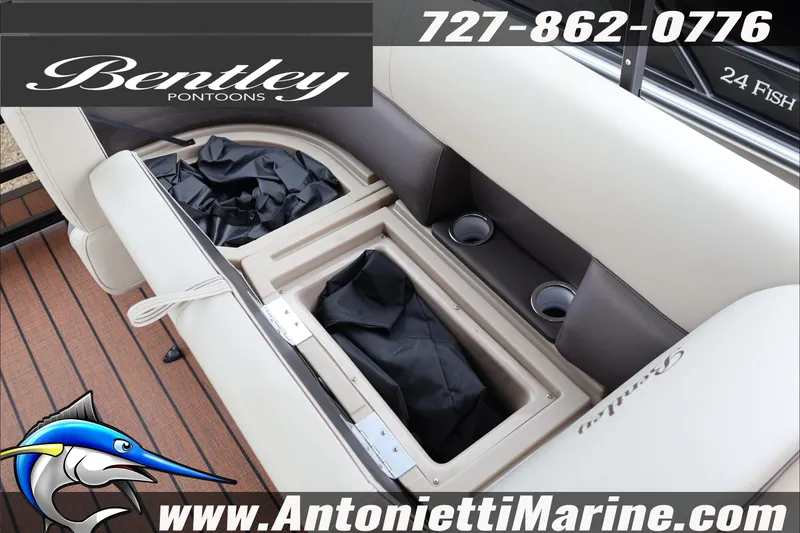 Slide: The Image of 2026 Bentley Pontoons Legacy 223 DL Navigator interior storage and seating detail. - 20