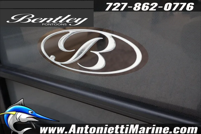 Slide: The Image of 2026 Bentley Pontoons Legacy 223 DL Navigator logo with contact details and website. - 6