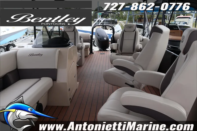 Slide: The Image of 2026 Bentley Pontoons Legacy 223 DL Navigator interior with luxurious seating and modern design. - 7
