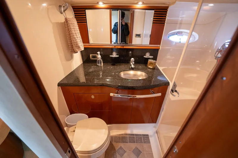 Slide: The Image of Luxurious bathroom in 2005 Sea Ray 500 Sundancer yacht with modern fixtures and shower. - 42