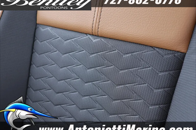 Slide: The Image of 2026 Bentley Pontoons Elite 223 Swingback seat detail with textured upholstery. - 28