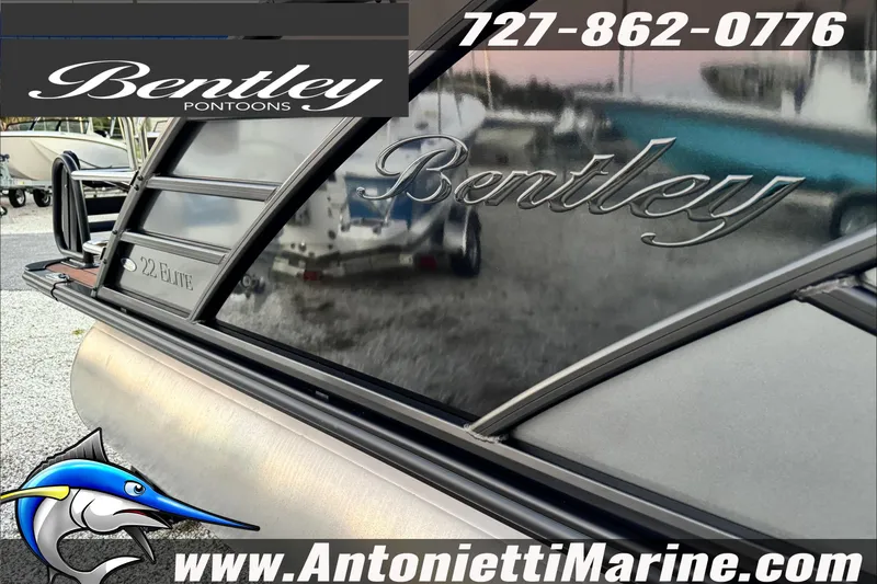 Slide: The Image of 2026 Bentley Pontoons Elite 223 Swingback Dual Capt, sleek design, Antonietti Marine branding. - 3