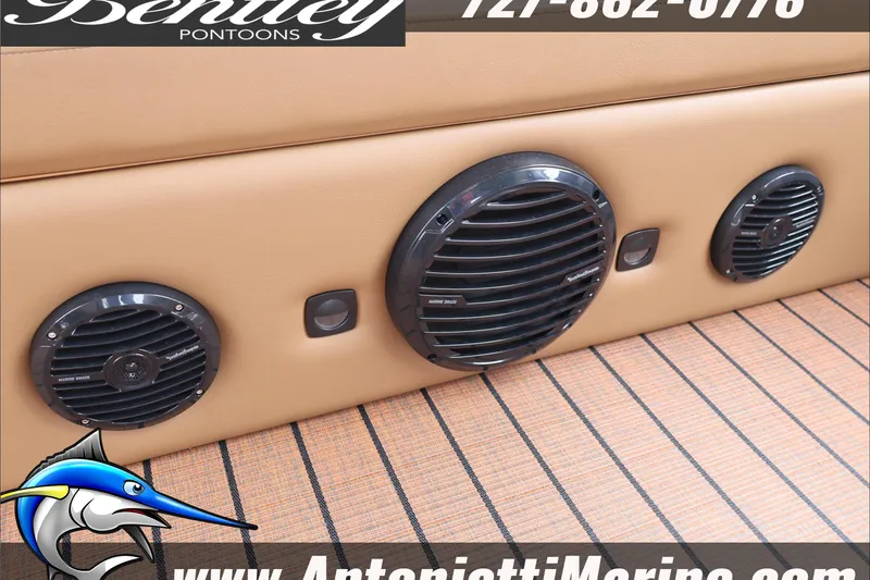 Slide: The Image of 2026 Bentley Pontoons Elite 223 interior speakers and flooring detail. - 31