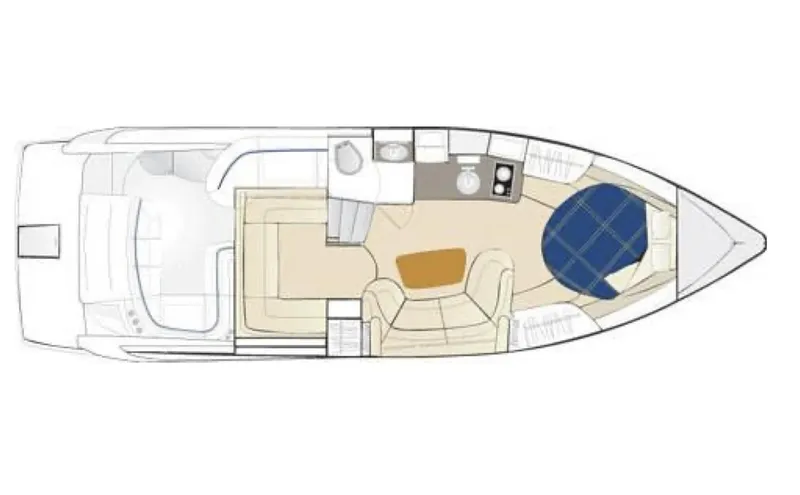 Slide: The Image of 2003 Formula 37 PC yacht interior layout with seating, kitchenette, and sleeping area. - 33