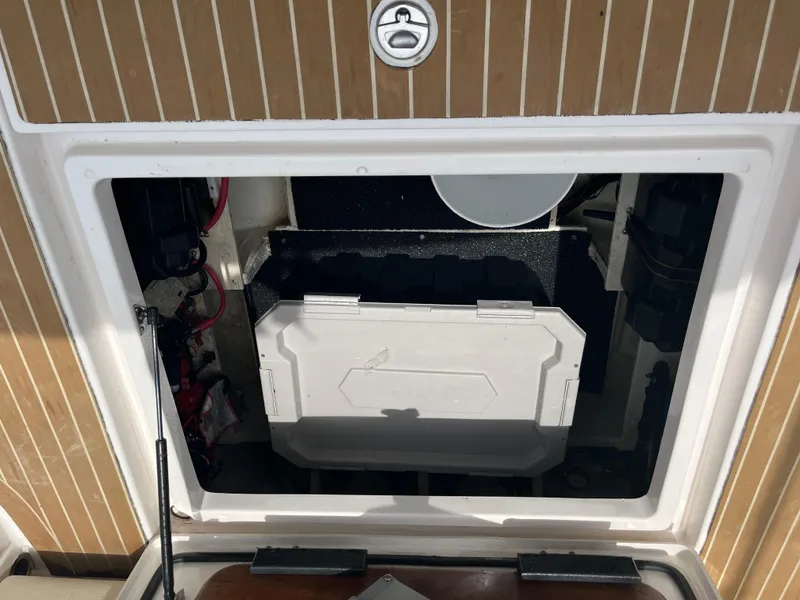 Slide: The Image of 2019 Regal 33 SAV boat storage compartment with open hatch and visible equipment. - 21