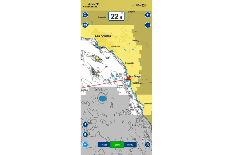 Slide: The Image of Nautical map showing route from Los Angeles to San Diego, speed 22.6 knots, Wasque 26, 2008. - 6