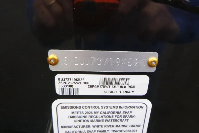 Slide: The Image of 2026 Tracker Pro Guide V-175 WT boat identification and emissions control labels. - 27