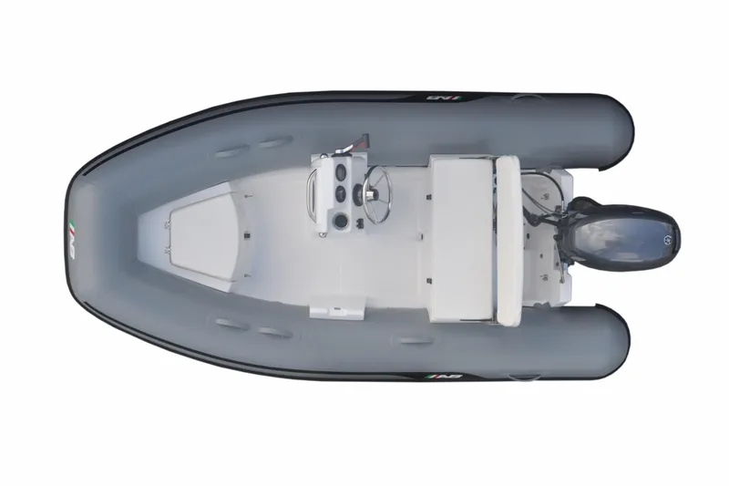 Slide: The Image of 2026 AB Inflatables Mares 11 VSX boat, top view, featuring sleek design and modern outboard motor. - 8