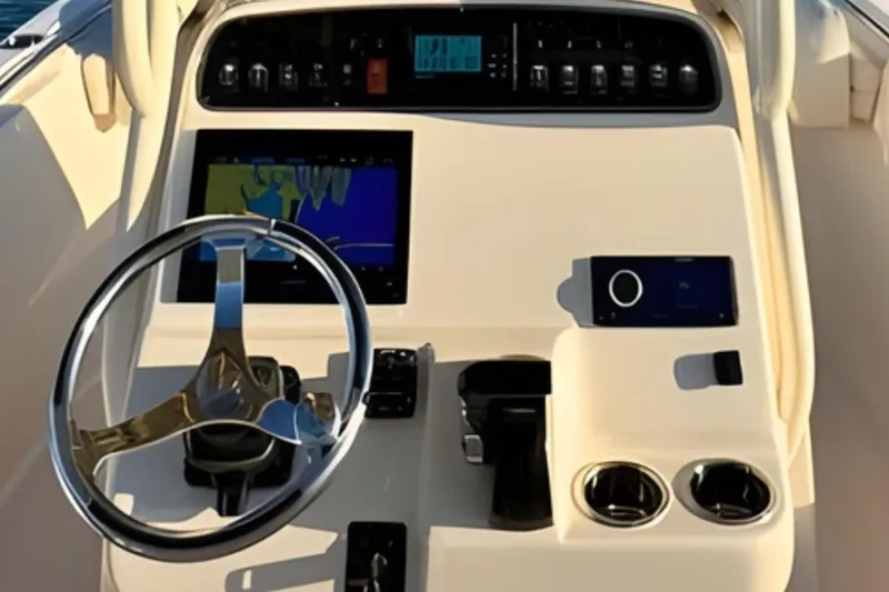 Slide: The Image of 2024 Grady-White Fisherman 216 helm with modern controls and navigation display. - 19