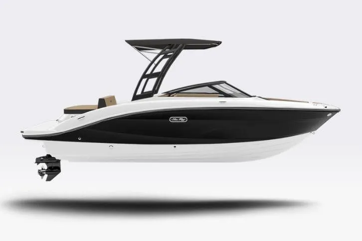 Slide: The Image of 2026 Sea Ray SPX 210 boat, sleek black and white design, side view. - 23