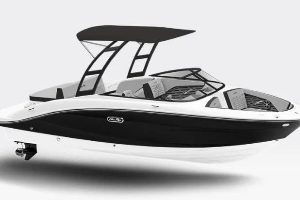 Slide: The Image of 2026 Sea Ray SPX 210 boat with sleek black and white design, featuring a modern canopy. - 24