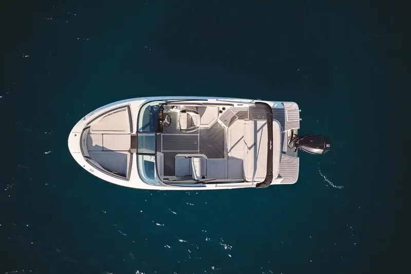 Slide: The Image of 2026 Sea Ray SPX 210 boat interior with white seating and blue water background. - 4