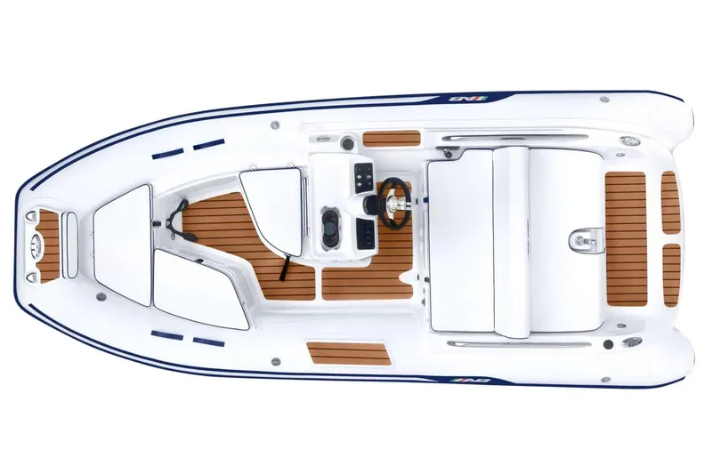 Slide: The Image of 2026 AB Inflatables ABJET 430XP, top view, white with teak-style decking. - 7