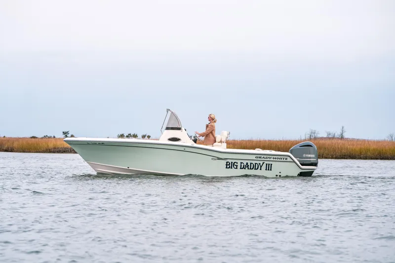 Slide: The Image of 2018 Grady-White Fisherman 236 boat on water, labeled "Big Daddy III." - 2
