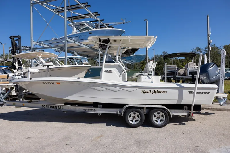 The Image of 2018 Ranger 2510 Bay Ranger boat on trailer, parked in marina under clear blue sky. - 0